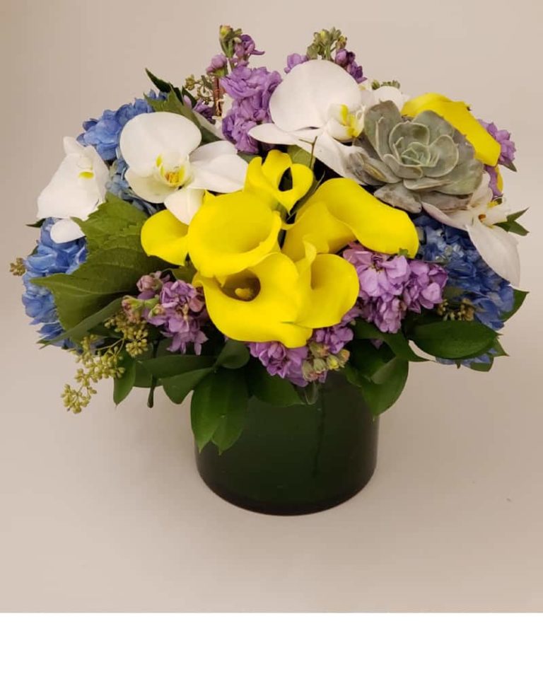 Custom Arrangement Blue Yellow White And Lavender Veldkamps Sympathy Designs 